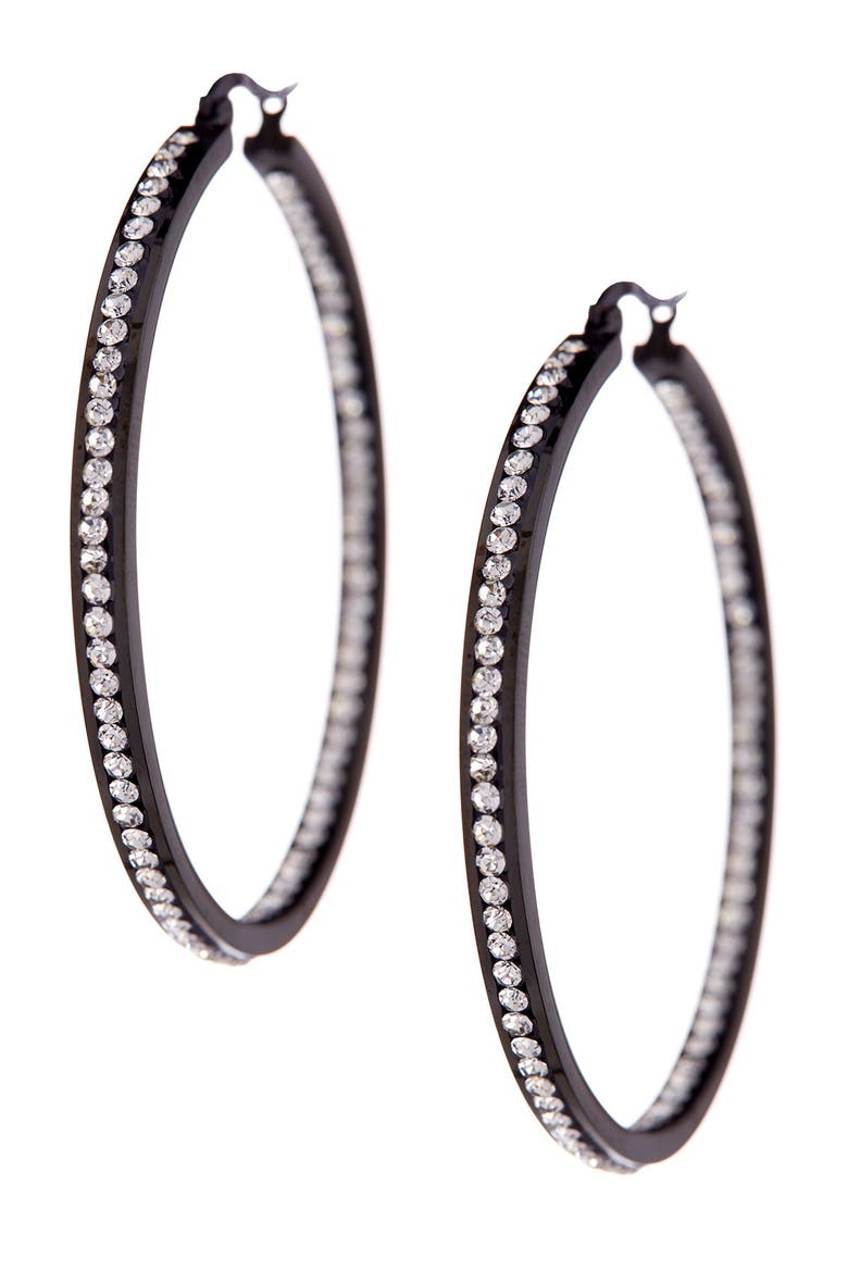 Channel Set Simulated Diamond Hoop Earrings, Alternate, color, BLACK