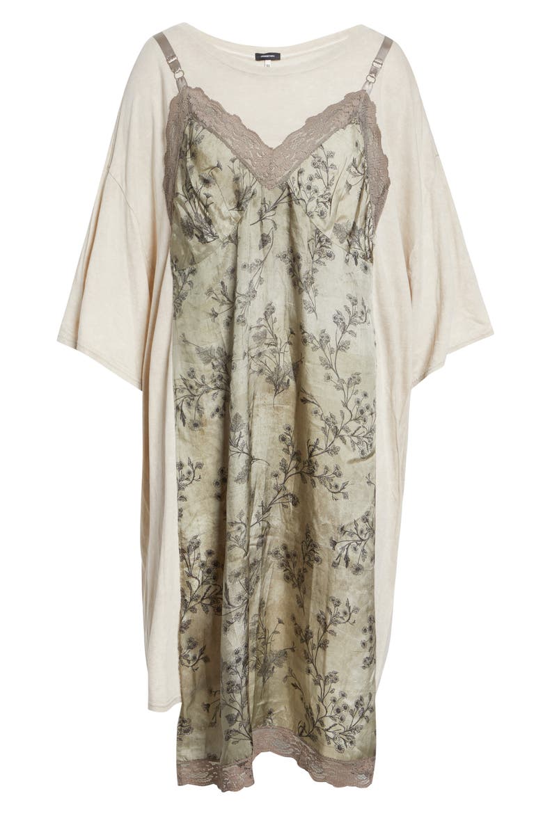 Oversize T-Shirt Dress with Slipdress Appliqué, Alternate, color, ACID KHAKI STONE GREEN FLORAL