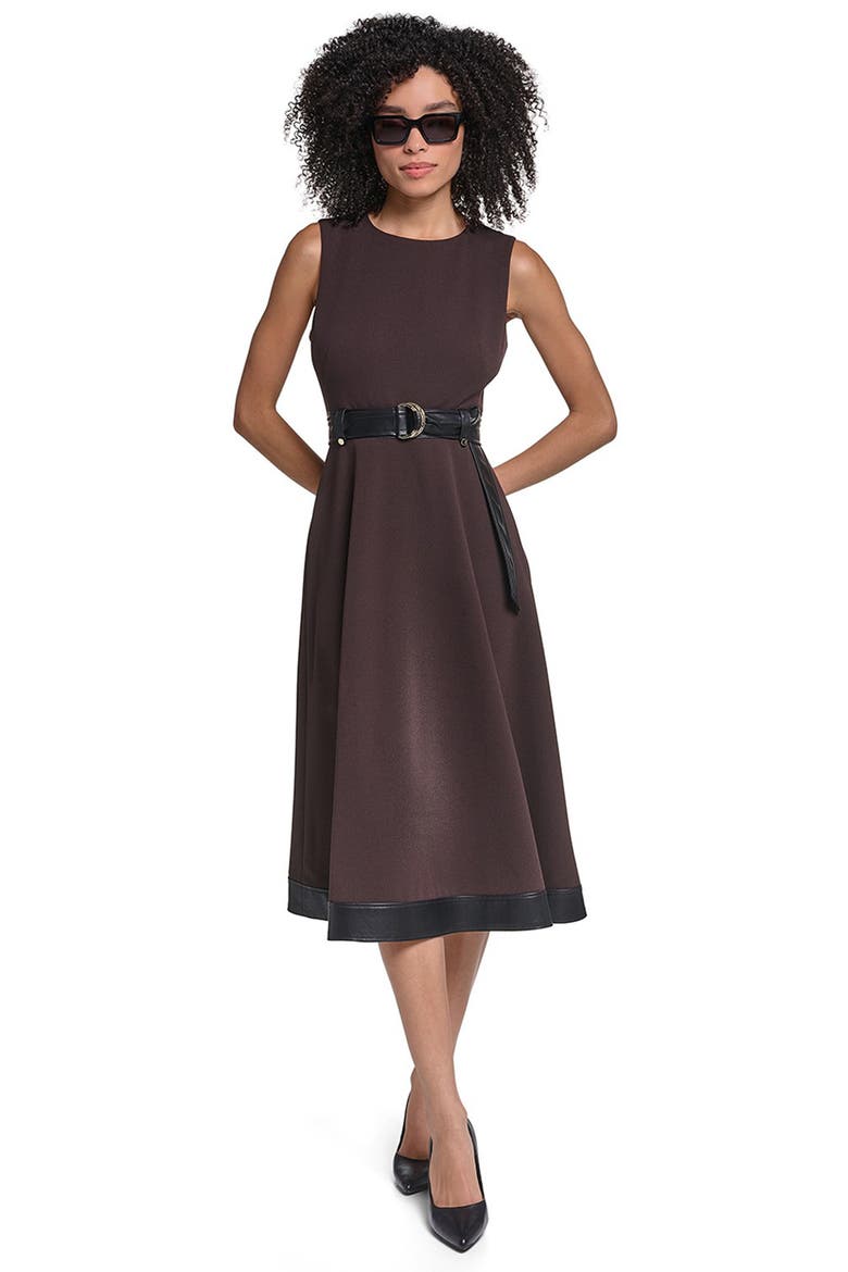 Belted Sleeveless Scuba Crepe Midi Dress, Alternate, color, ESPRESSO/ BLACK