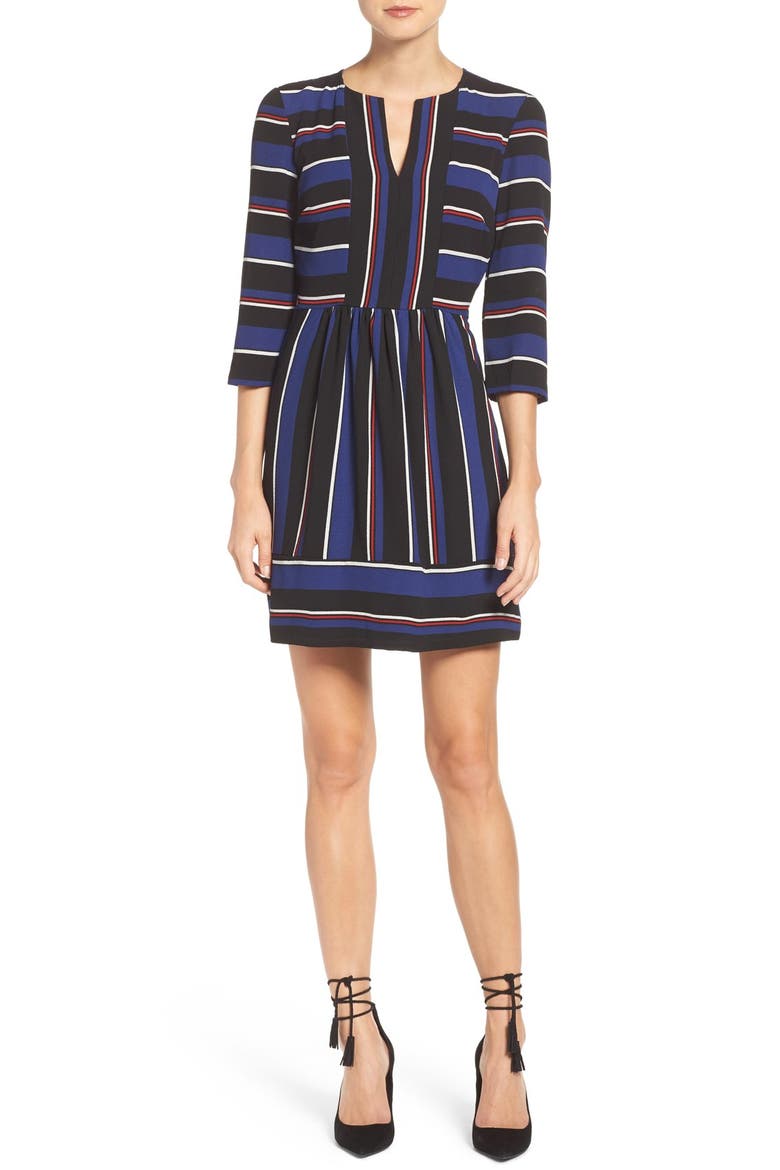 Stripe Woven Fit & Flare Dress, Alternate, color, BLACK/ BLUE/ RED