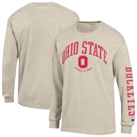Men's Champion Heather Oatmeal Ohio State Buckeyes Neutral Arch Long-Sleeve T-Shirt
