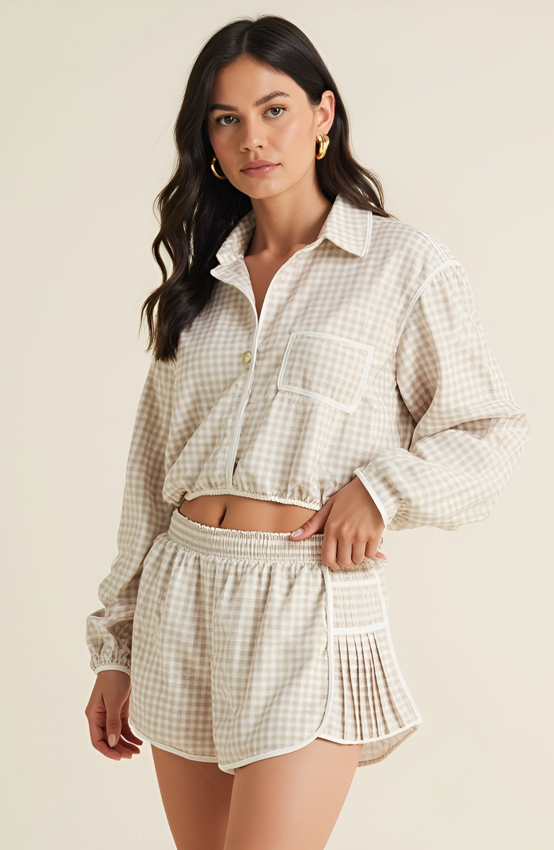 Modenaire Gingham Pleated Running Shorts, Main, color, 