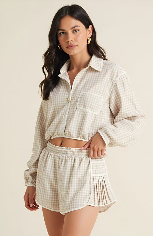 Modenaire Gingham Pleated Running Shorts In Neutral