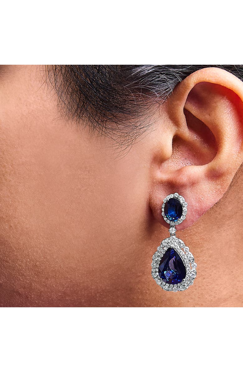 Haus of Brilliance 18K White Gold Blue Sapphire 2 3/4 Cttw Diamond Halo Drop Dangle Earring, Alternate, color, White