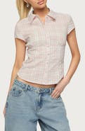 EDIKTED Naiah Plaid Short Sleeve Tailored Button-Up Shirt