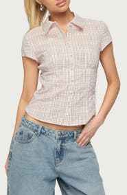 EDIKTED Naiah Plaid Short Sleeve Tailored Button-Up Shirt