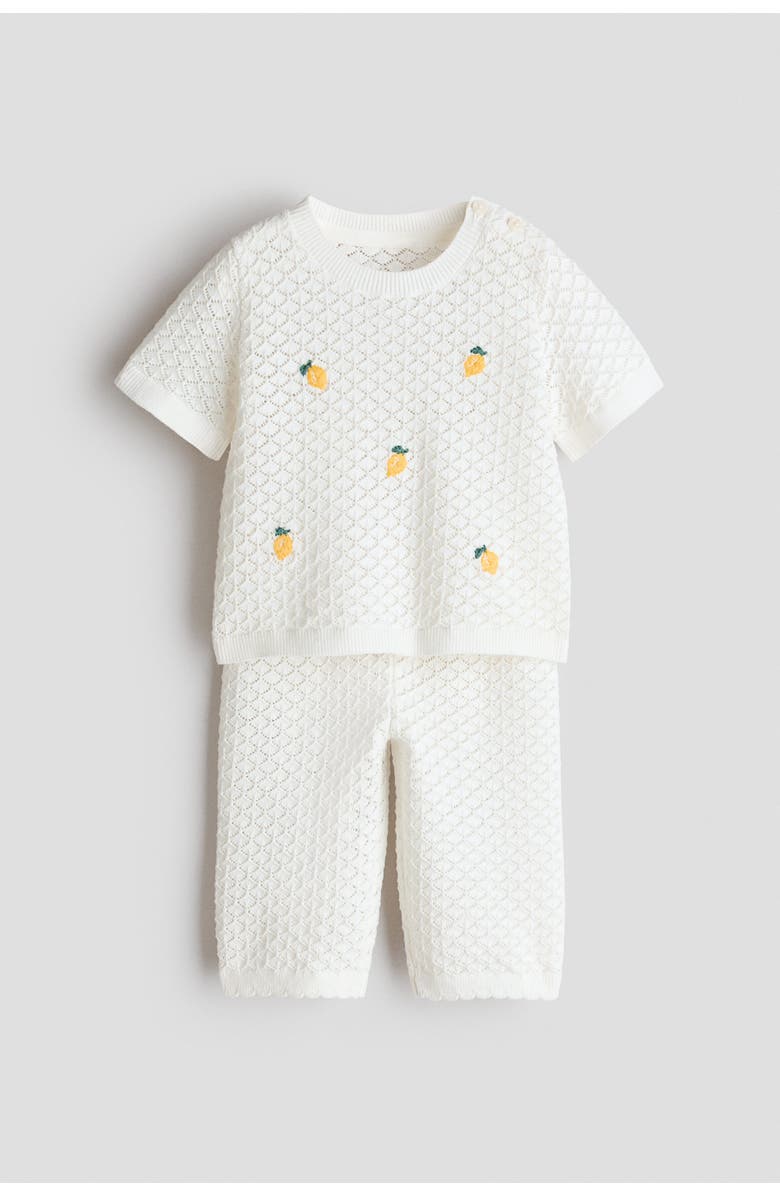 H&M 2-piece pointelle-knit cotton set, Main, color, White/Lemons
