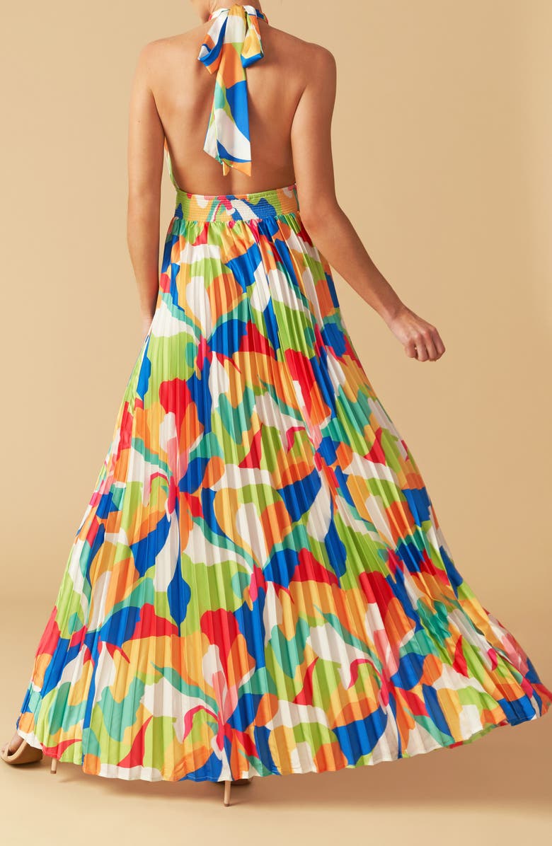 FLYING TOMATO Pleated Halter Neck Maxi Dress, Alternate, color, Green Orange