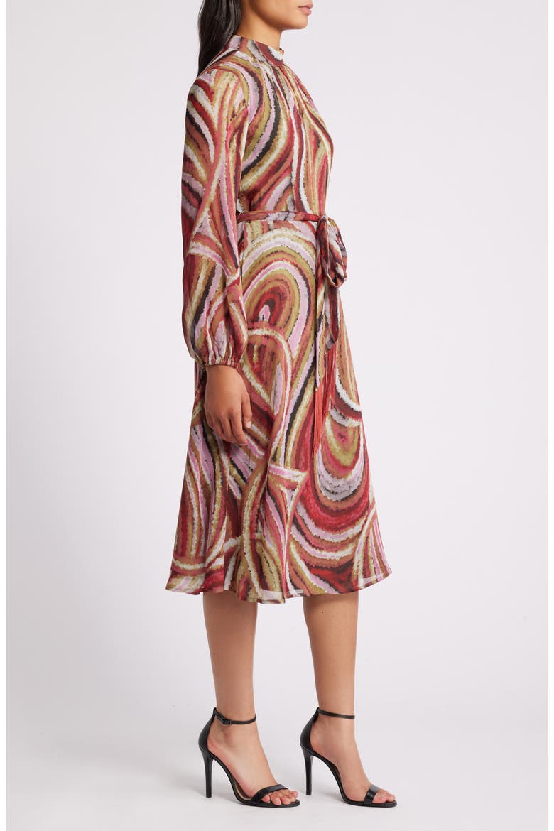 Print Tie Belt Chiffon Midi Dress, Alternate, color, OLIVE MULTI