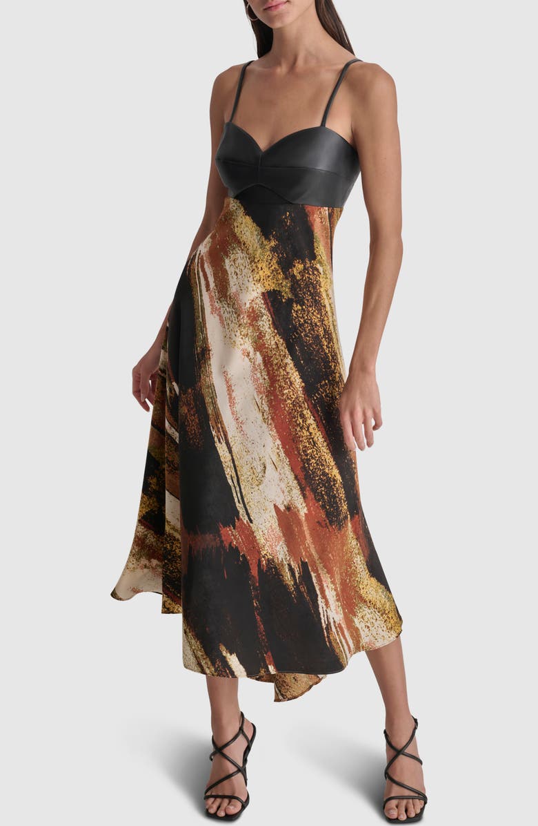 DKNY Print Faux Leather Trim Maxi Dress, Main, color, 