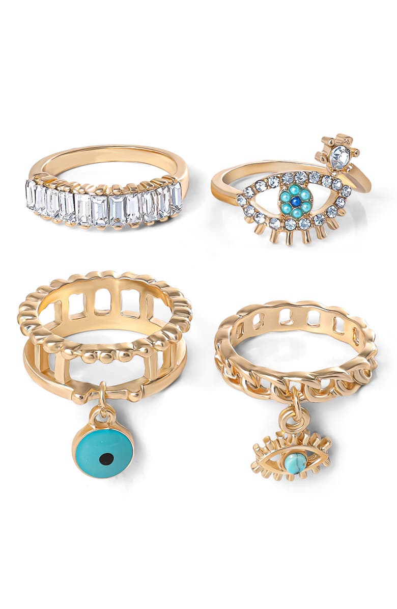 Jessica Simpson 4-Piece Charm Ring Set with Turquoise Accents, Size 7, Alternate, color, Gold