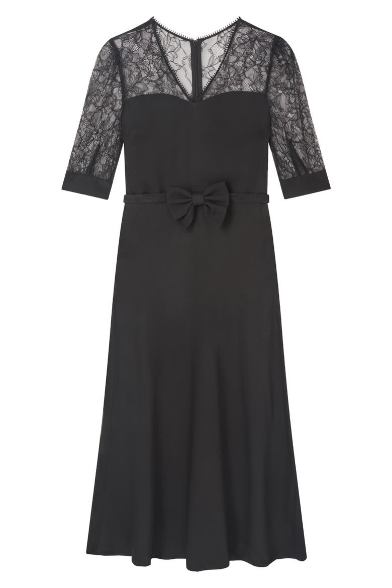 Madalena Belted Matte Satin Midi Dress, Alternate, color, BLACK