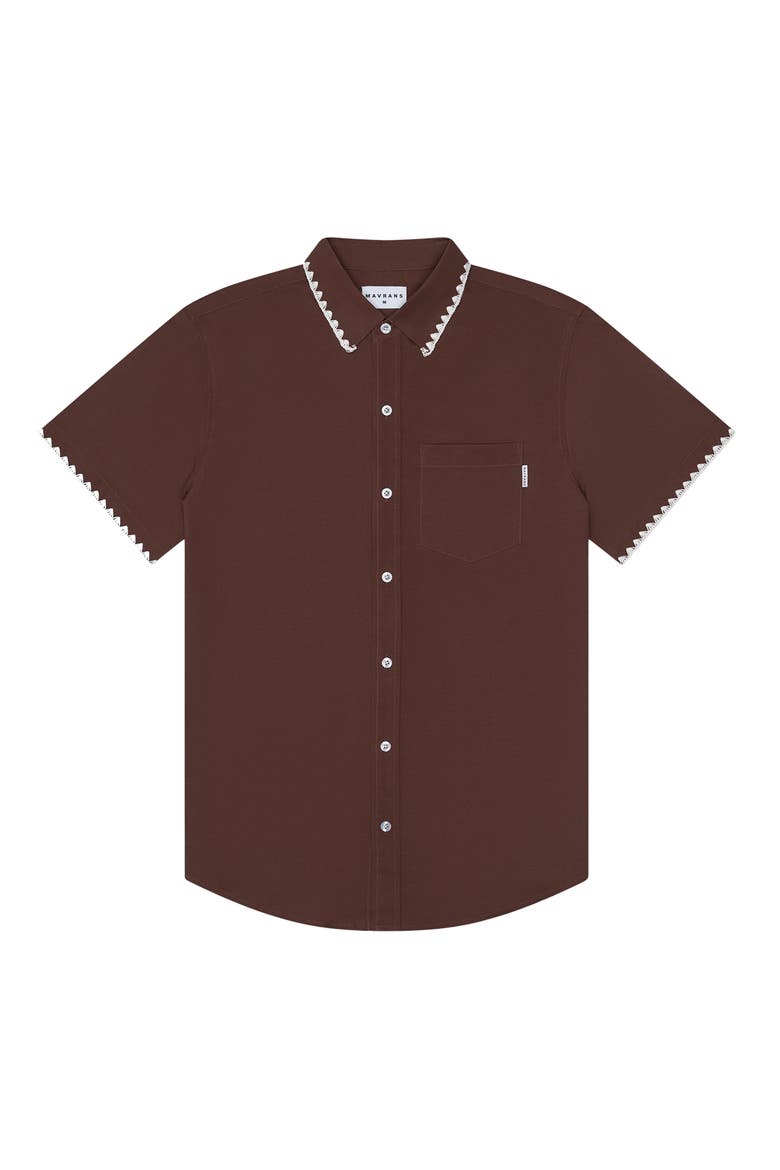 Blanket Stitch Short Sleeve Performance Button-Up Shirt, Main, color, BROWN/WHITE