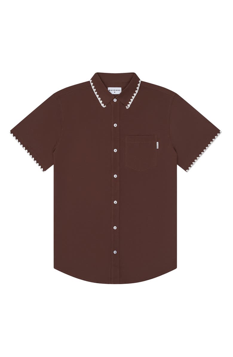 MAVRANS Blanket Stitch Short Sleeve Performance Button-Up Shirt, Main, color, Brown/White