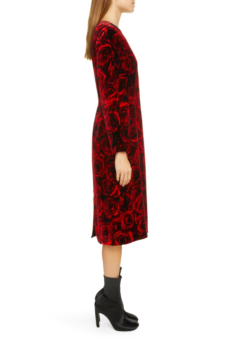 Delavinia Rose Print Long Sleeve Velvet Dress, Alternate, color, RED