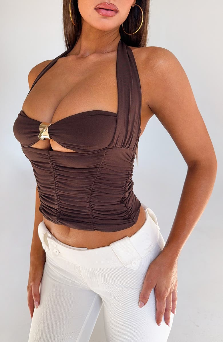 Tiger Mist Briallen Ruched Crop Halter Top, Alternate, color, Chocolate Brown