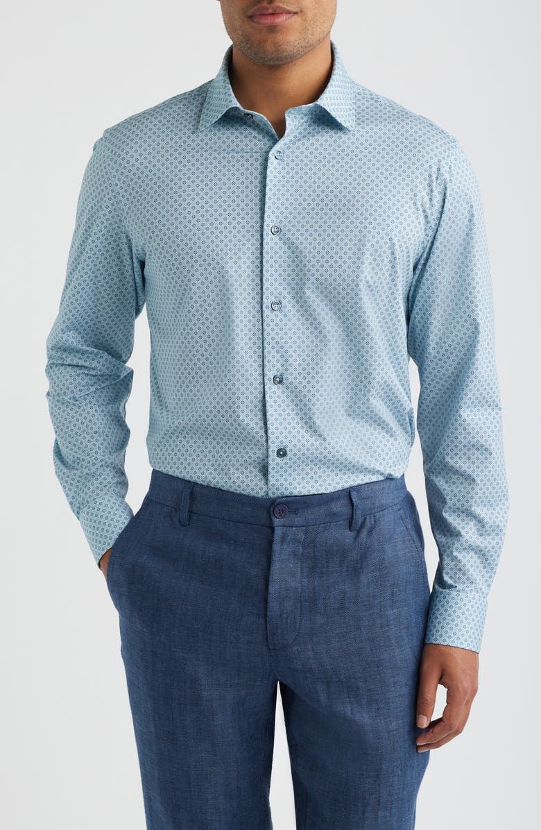 Bugatchi James OoohCotton<sup>®</sup> Geo Print Button-Up Shirt, Main, color, Seafoam
