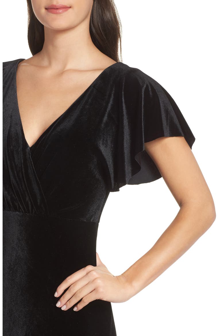 Ellis Flutter Sleeve Stretch Velvet Gown, Alternate, color, BLACK