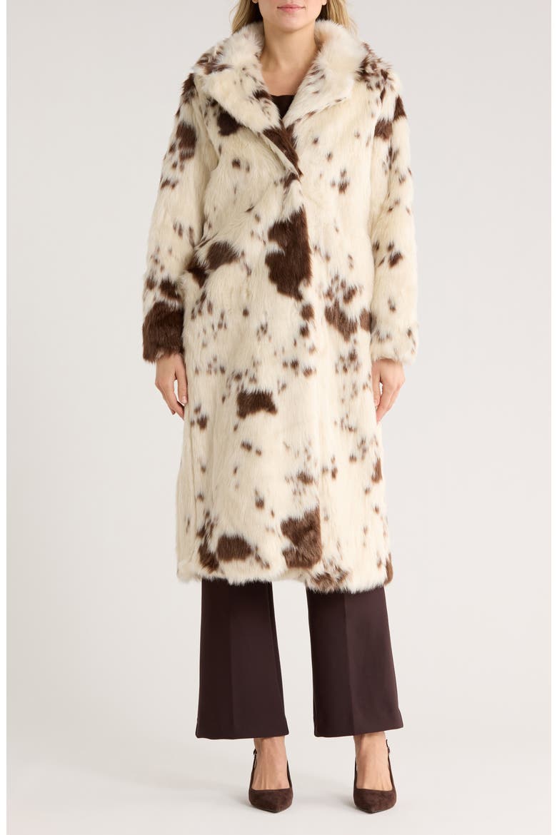 Print Faux Fur Coat, Main, color, IVORY/ BROWN COW PRINT