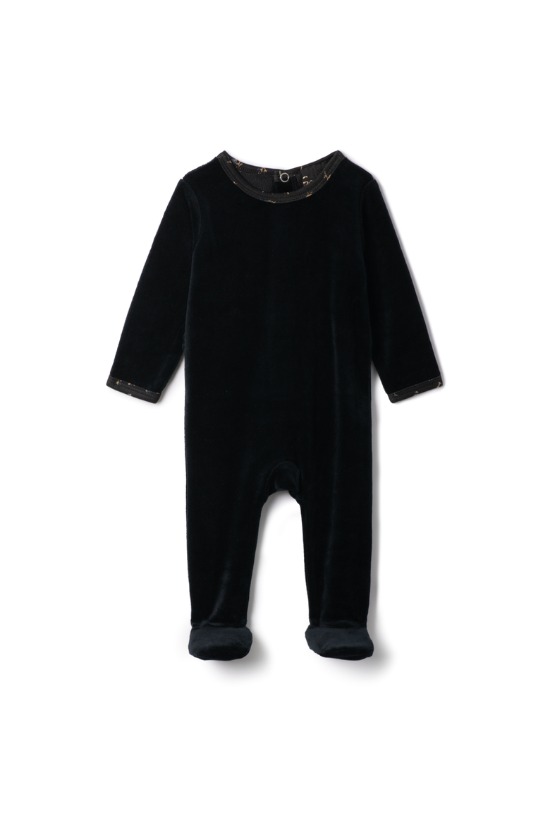 Floral Collar Back Snap Velour Romper, Main, color, Black