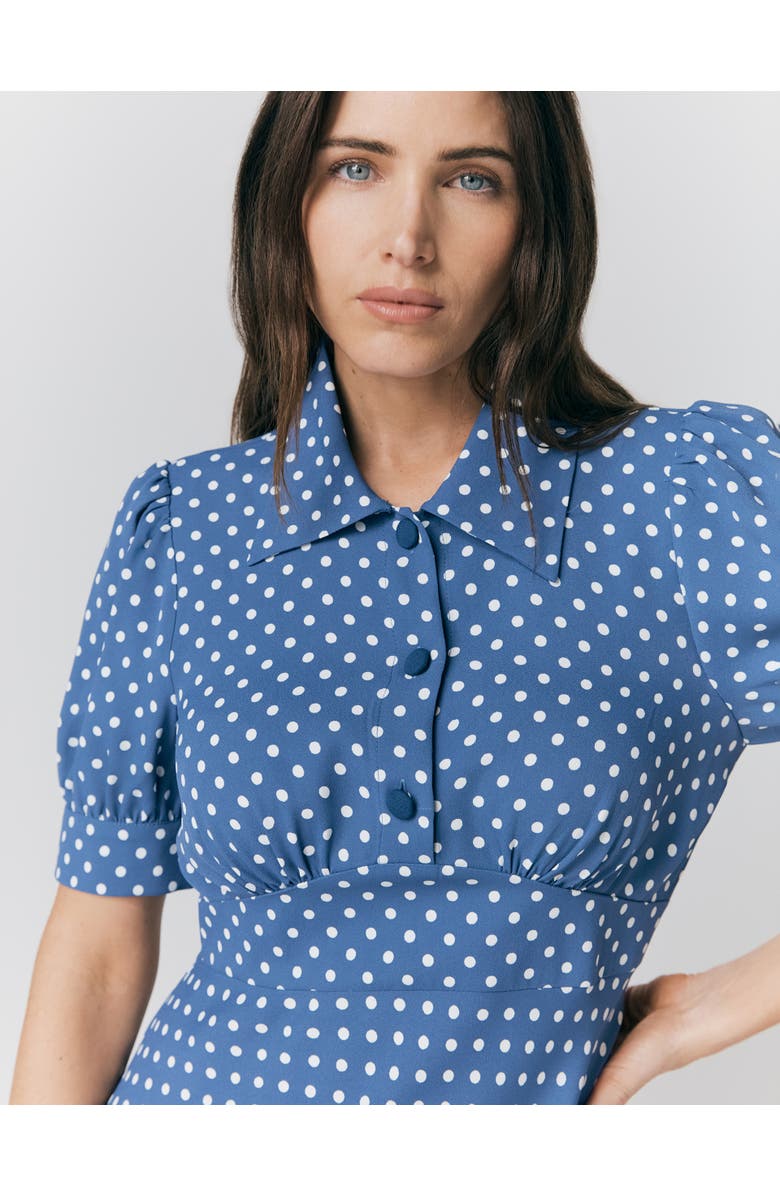 Ghost London Wilma Crepe Polka Dot Midi Tea Dress, Alternate, color, Navy Spot