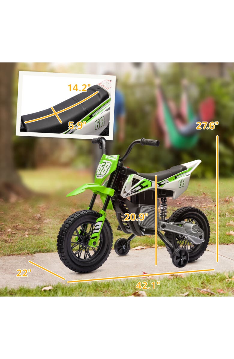 Qaba Kids Electric Motorcycle, 12V, Twist Throttle, Training Wheels, Rear Suspension, Music, Alternate, color, Green