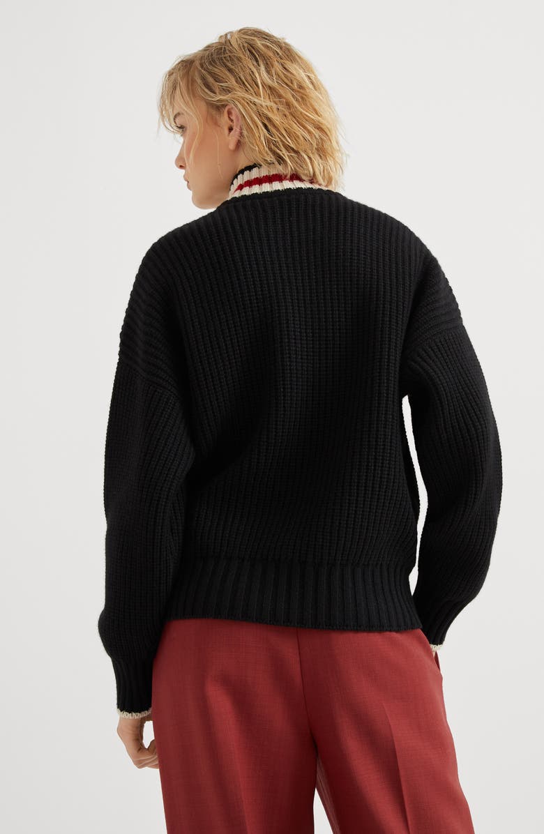 Brunello Cucinelli Cashmere Feather yarn English rib turtleneck sweater with shiny half zip, Alternate, color, 