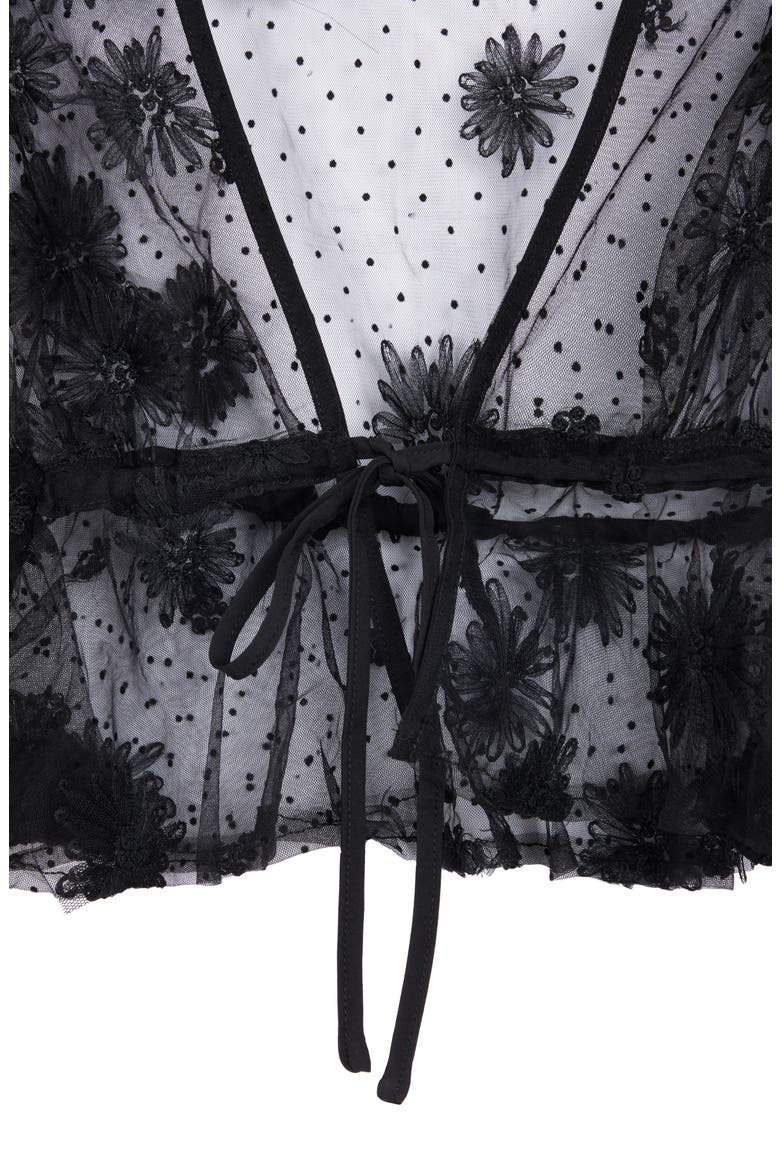 Sheer Floral Mesh Bell Sleeve Tie Front Top, Alternate, color, BLACK