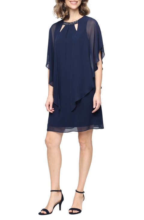 Embellished Crewneck Cape Dress