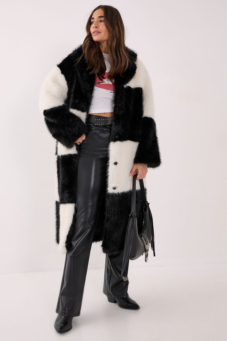 Mono Check Faux Fur Coat, Main, color, Mono