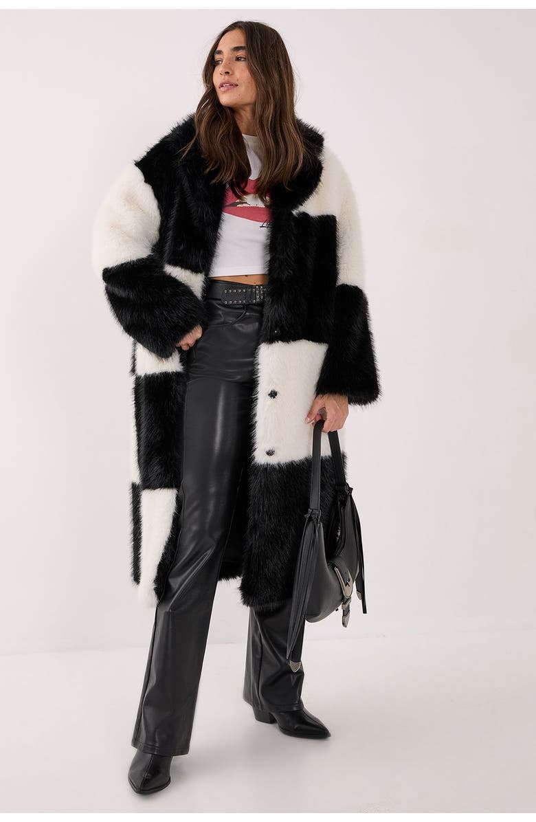 NASTY GAL Mono Check Faux Fur Coat, Main, color, Mono