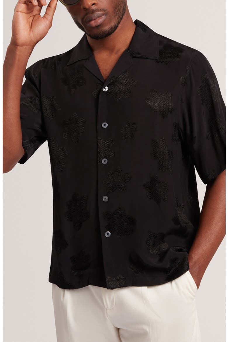 Thovan Floral Jacquard Camp Shirt, Main, color, BLACK