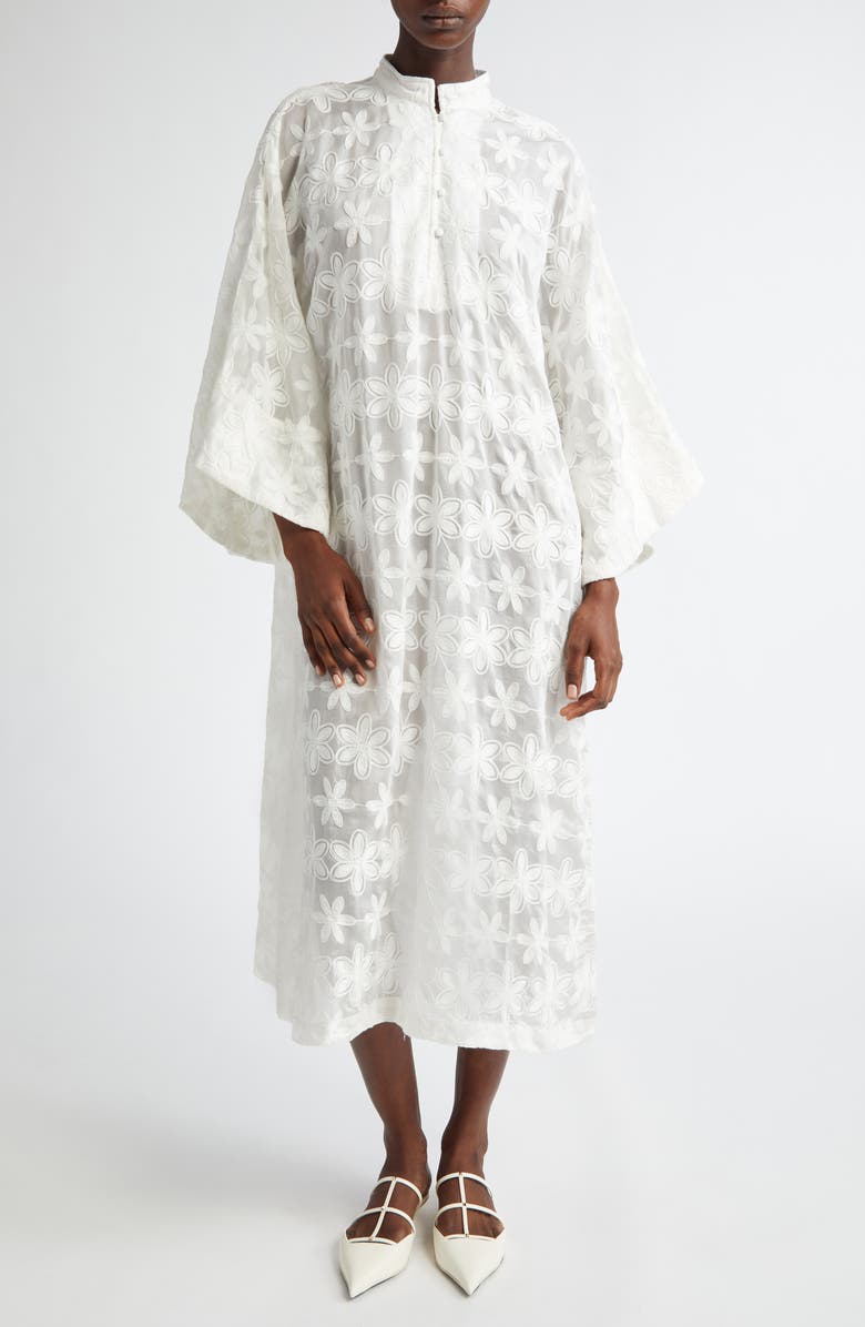 La Vie Style House Floral Embroidered Sheer Cover-Up Caftan, Main, color, White