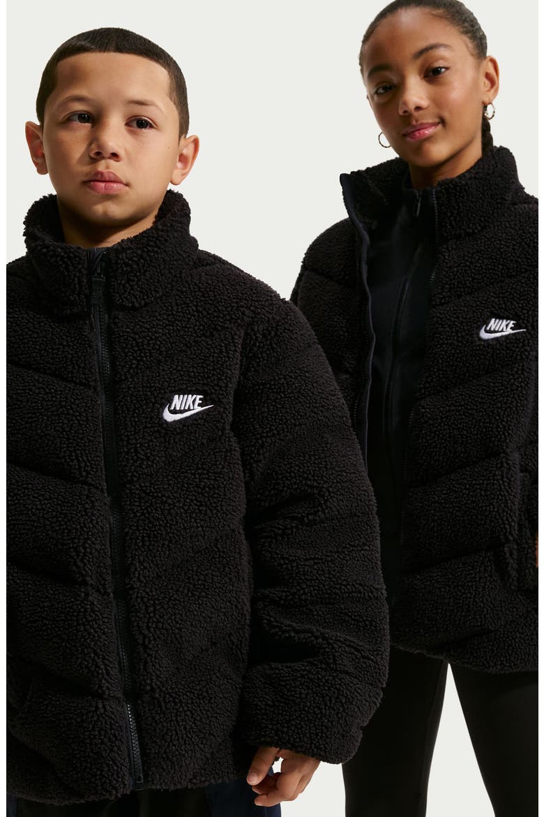 Kids' Sportswear Therma-FIT Faux Fur Puffer Jacket, Alternate, color, BLACK/ BLACK/ WHITE