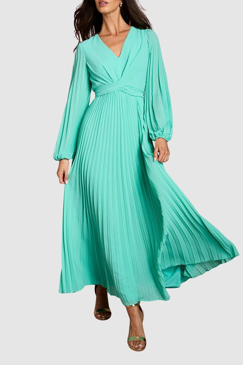 Pleated Wrap Dress, Alternate, color, Aqua