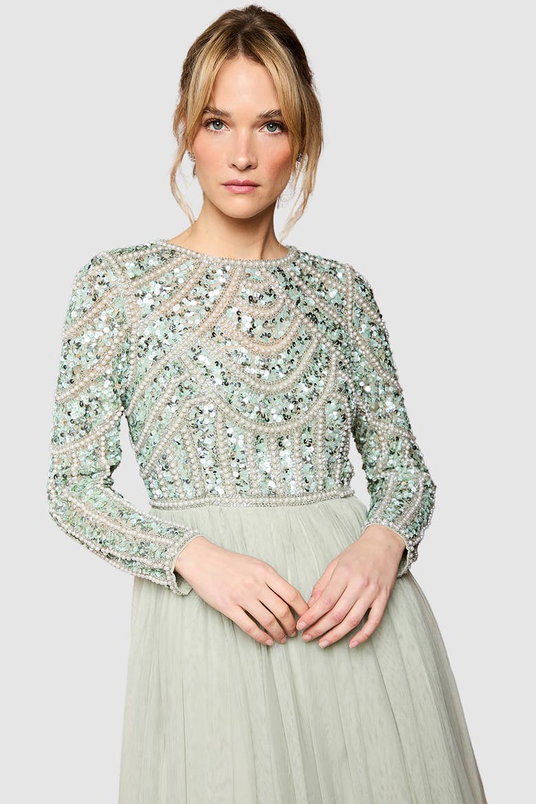 Sequin Bodice Tulle Skirt Maxi Dress, Alternate, color, Sage