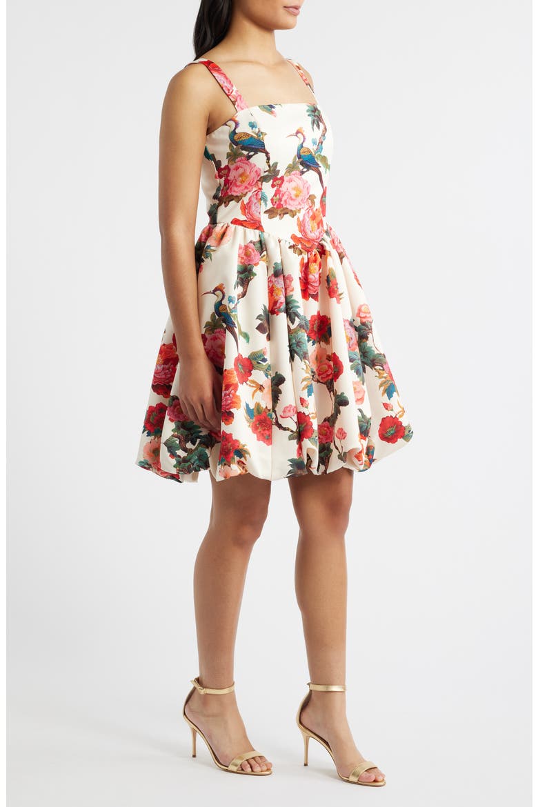 Floral Basque Waist Fit & Flare Minidress, Alternate, color, IVORY MULTI