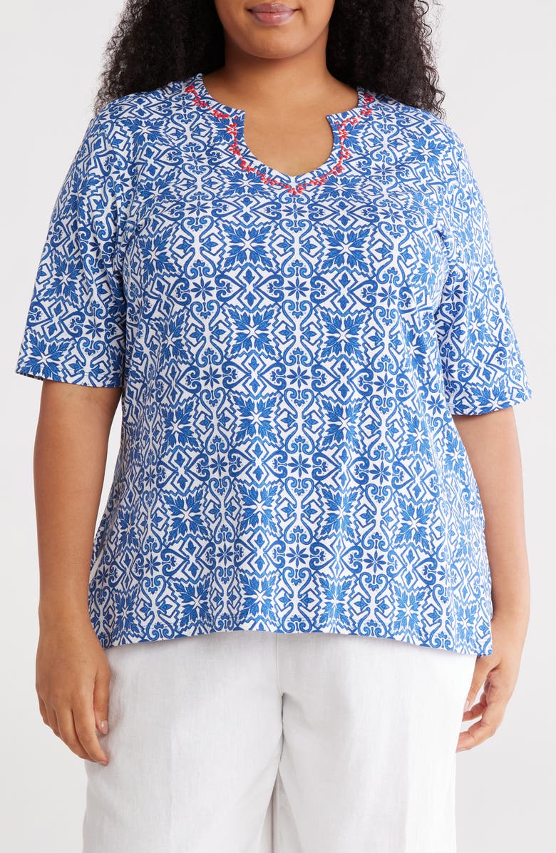 RUBY RD Medallion Print Split Neck T-Shirt, Main, color, Blue Multi