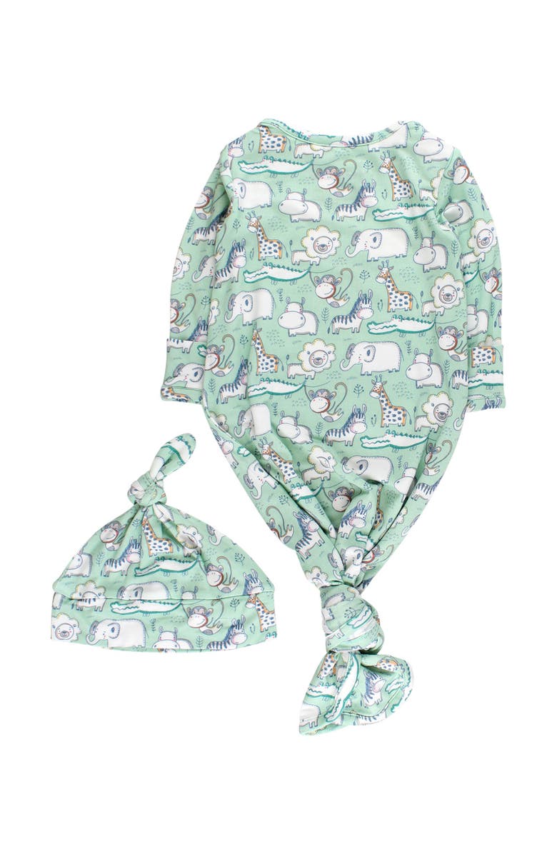 RuffleButts Knotted Sleep Gown & Hat Set, Alternate, color, Sage Safari