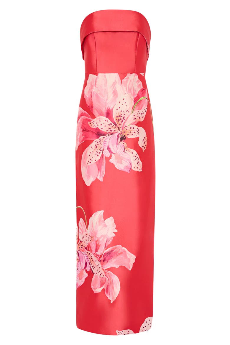 Ciara Placed Floral Strapless Faille Column Gown, Alternate, color, LIPSTICK
