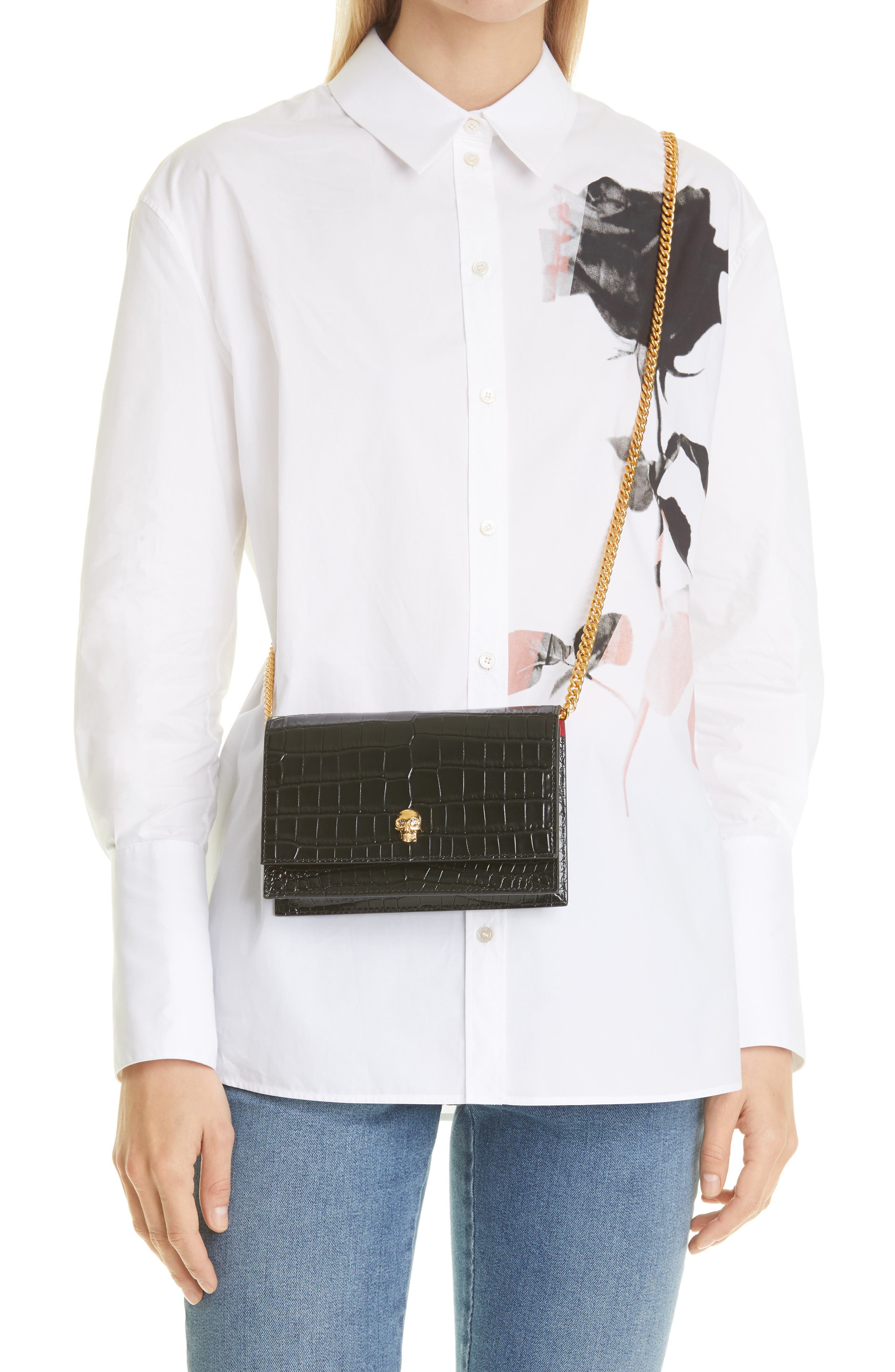 McQueen Alexander McQueen Mini Skull Croc Embossed Leather Bag, Alternate, color, Nero