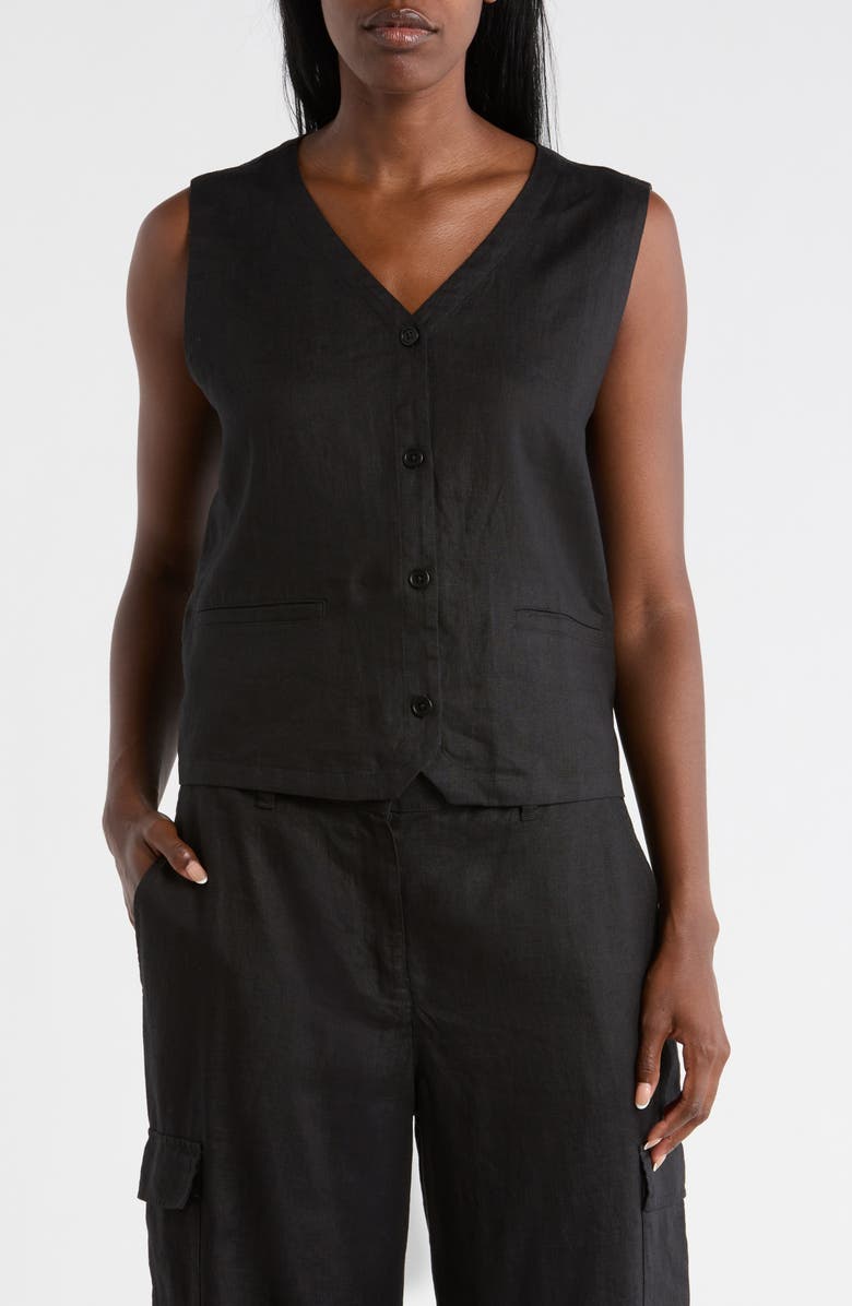 Eileen Fisher V-Neck Organic Linen Vest, Main, color, Black