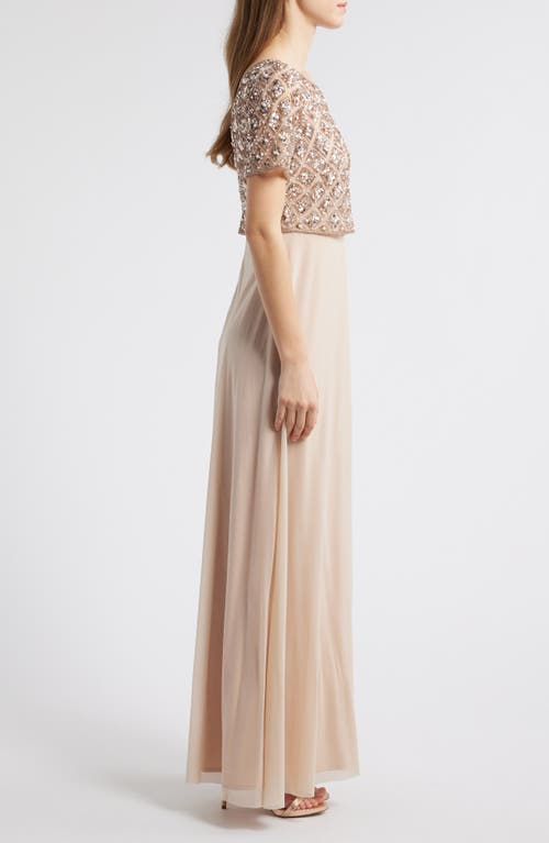 Pisarro Nights Beaded Mesh Mock Two-piece Evening Dress In New Peach