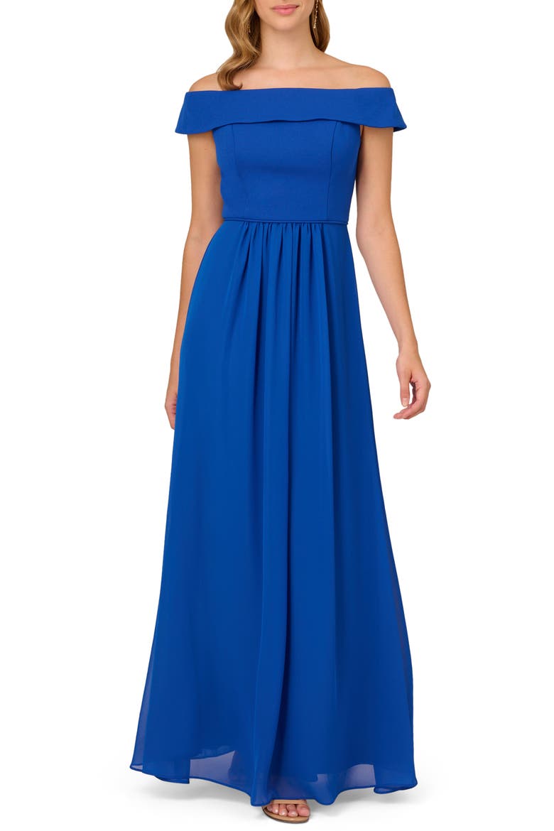 Off the Shoulder Crepe Chiffon Gown, Main, color, VIOLET COBALT