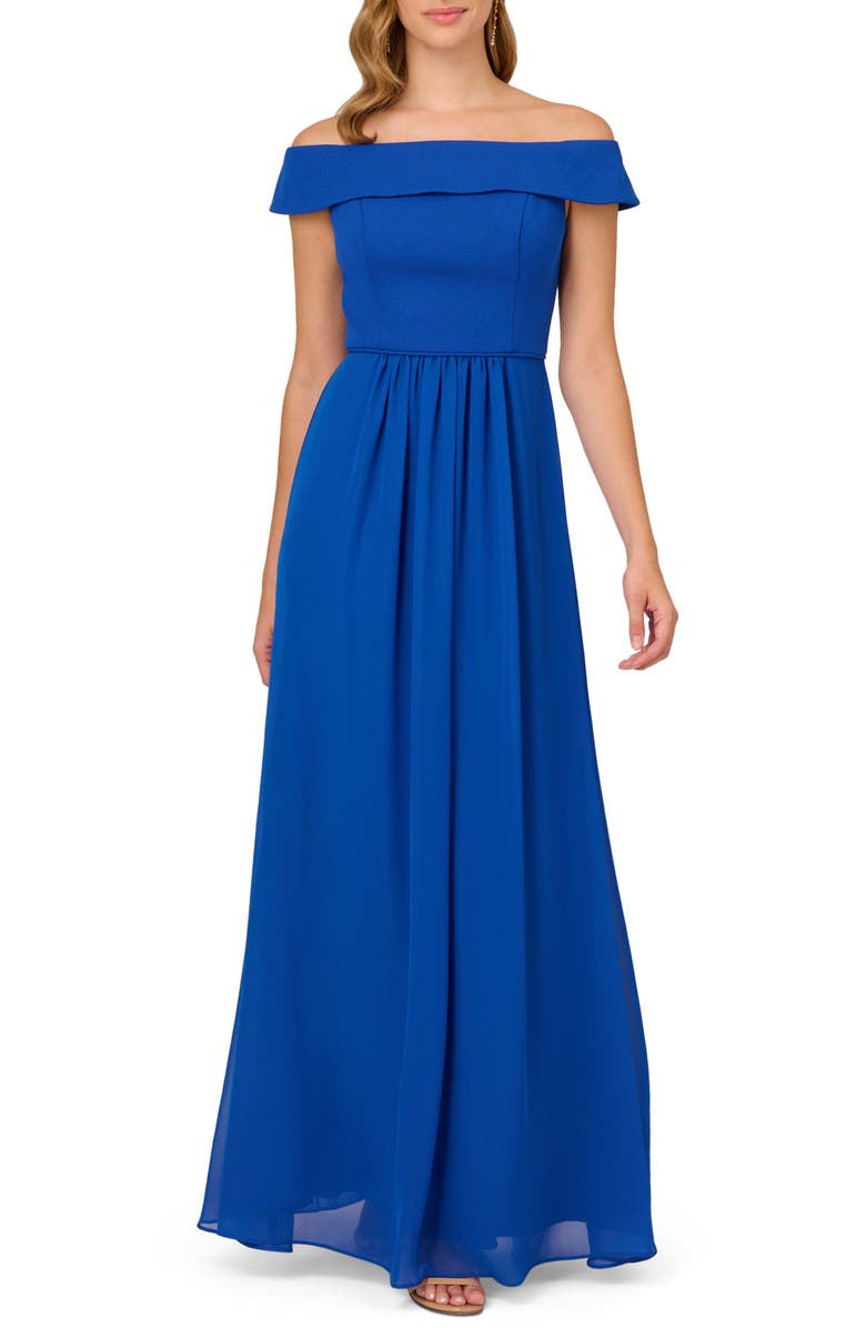 Adrianna Papell Off the Shoulder Crepe Chiffon Gown, Main, color, 