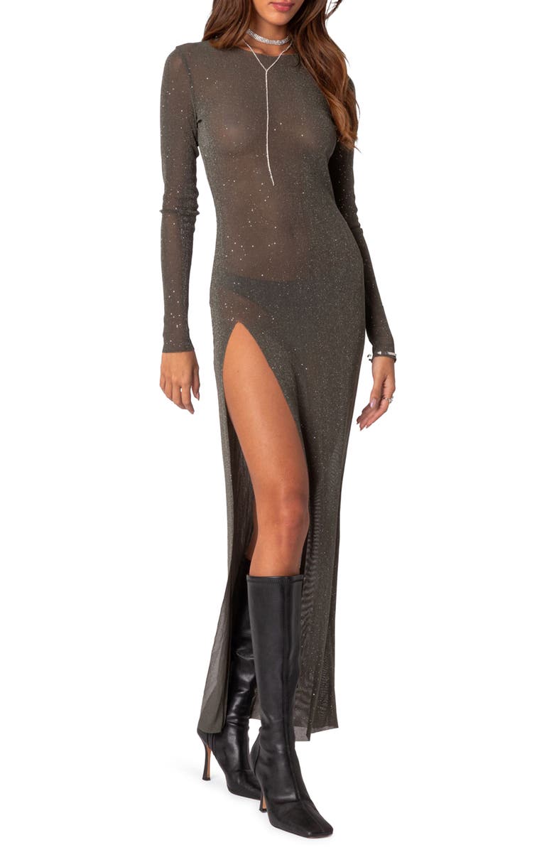 EDIKTED Glitter Side Slit Long Sleeve Mesh Maxi Dress, Main, color, Olive