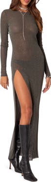 EDIKTED Glitter Side Slit Long Sleeve Mesh Maxi Dress