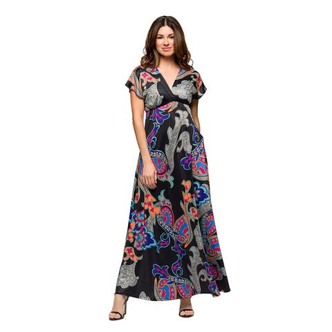 Maternity Black Paisley Print V-Neck Empire Waist Cap Sleeve Maxi Dress
