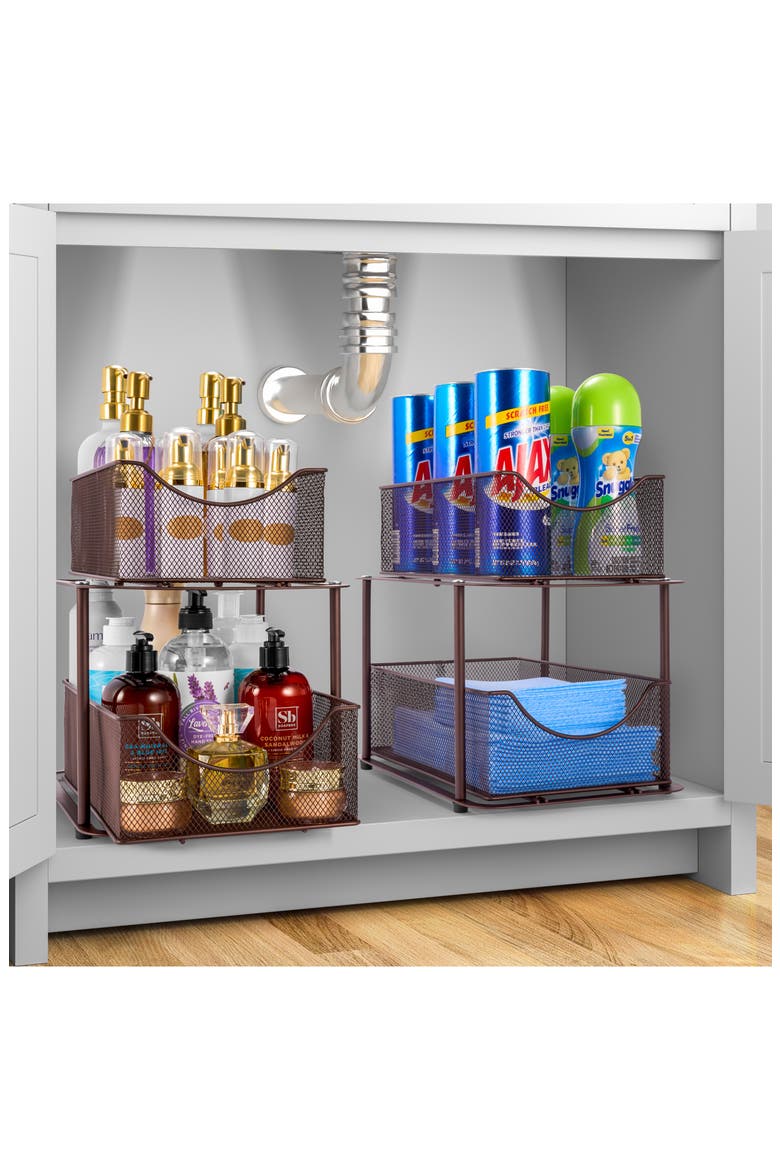 2-Pack 2 Tier Mesh Sliding Drawer Organizer Baskets, Alternate, color, BROWN