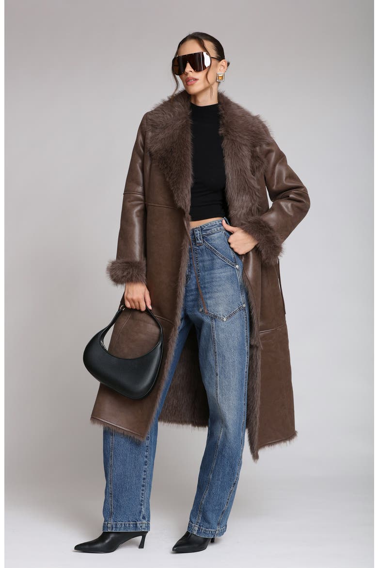 Reversible Faux Leather & Faux Fur Wrap Coat, Alternate, color, CHOCOLATE